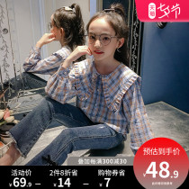 Girls  college style doll collar shirt 2021 new middle and large childrens childrens spring and autumn western long-sleeved plaid top