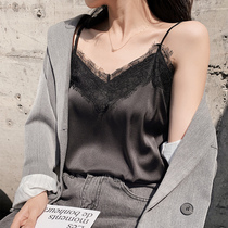 Harness Vest Woman outwear V Necklace Lace Suit Inside hitch bottom Shirt black Loose Silk satin Sensation Tidal Blouse Spring
