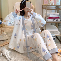 Air cotton month clothes Autumn and winter cotton postpartum 10 months thickened warm maternity pajamas and kimono three-piece set 11