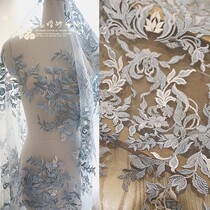 Haze blue silver line Jacquard embroidery lace z11 light gray blue mesh bottom dress dress designer fabric