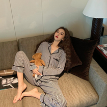 The foreign-style net red explosive striped pajamas women 2021 new spring and autumn summer Cotton Fashion Home clothing set tide