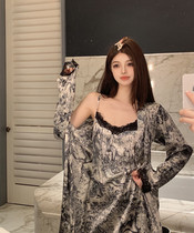 Pure wind suspenders nightgown lace lace sexy robe shorts ladies loose home clothes spring and autumn four-piece set