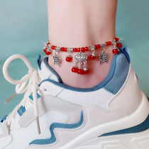 Summer new womens red rope natural red onyx anklet vintage peace lock tassel bell honmei anklet accessory