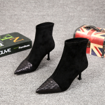 European station womens shoes 2021 Autumn New European leather tipped elastic cloth heel high heel fashion boots