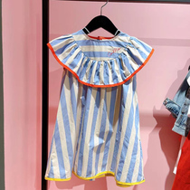 Korean childrens clothing 2021 summer new style girls large lapel striped dress childrens little girl sleeveless princess dress