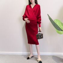 Pregnant women sweater autumn winter 2021 long cross collar breastfeeding knitted base shirt red dress autumn