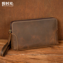  Slow time retro first layer cowhide handbag mens leather long wallet zipper wallet Crazy horse leather female handbag