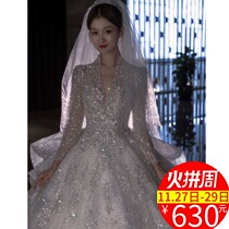 Long sleeve winter main wedding dress 2021 New Bride Court Wind Big tailing V collar French light and small woman
