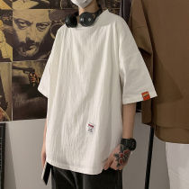 Cotton and linen T-shirt mens short-sleeved tide brand trend linen half-sleeve port wind top summer solid color ins tide men loose T-shirt