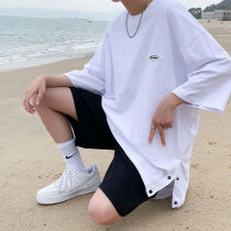 Cotton short-sleeved T-shirt mens fashion brand trend ins loose simple wild breasted split half-sleeve clothes lovers summer clothes