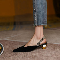 Brother-in-law French elegance~Fashion shaped heel bag sandals Womens summer temperament pointed V mouth with Muller shoes