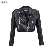 (Spot) Exclusive SMFK Midnight Motorcycle Jacket Rivet Cross Faux Leather Short Leather Jacket
