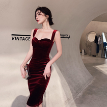 Toast dress bride wine red suspender thin man wedding engagement can usually wear evening dress dress summer