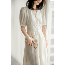 Interpretation of French Romantic style~2021 summer new temperament waist high-end white lace V-neck short-sleeved dress