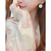 2021 autumn garden oil painting mixed color mohair V collar long sleeve color warm pullover wool sweater