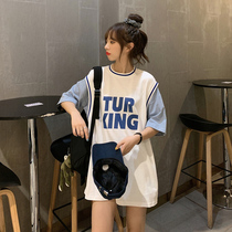 Fake two sports short sleeve T-shirt female 2021 Summer new student Korean version Ins trend loose and slim female blouse