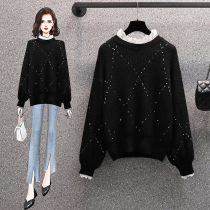 Large size womens 2021 autumn and winter New fat sister loose age slim lace top fake two pullover sweater