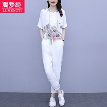 Sports Casual Fashion Suit Womens Summer 2022 New Big Code Fat Younger Sister Expatty Blouse 90% Pants Two Sets