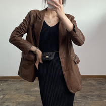 Jiuxi high-end custom 2021 Autumn New Italian vintage sheep leather loose suit leather coat