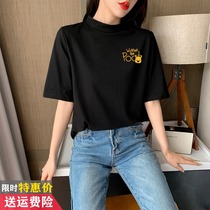 European fashion temperament semi-high collar thin top summer new trend brand pure cotton casual short-sleeved T-shirt women chic