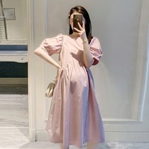 Maternity dress summer new Korean version of the gentle foreign princess bubble lantern sleeves loose medium-long section belly cover