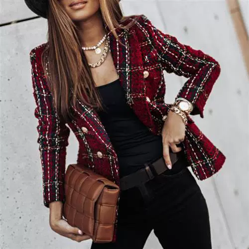 Горячий! Tweed Women Red Plaid Blazers 2022 Новые винтажные куртки