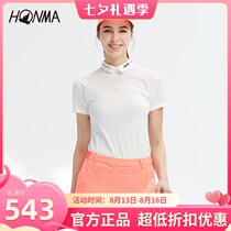 HONMA2021 new golf womens short-sleeved polo shirt punching fabric stitching slim fit stretch