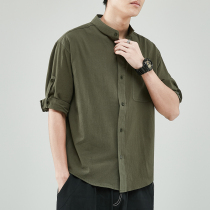 Linen shirt mens short-sleeved white shirt loose Chinese style summer cotton and hemp casual jacket Mens three-point sleeve top