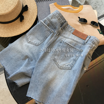  Burst recommended giant good wear giant thin~high waist straight tube hole casual five-point denim shorts female plus size summer