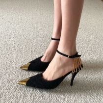 YSLL chain high heels spring 2022 new design sense niche tip thin heel black sexy single shoes women