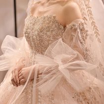 French bandeau starry sky light main wedding dress 2021 new bridal temperament one-word shoulder trailing simple court little man