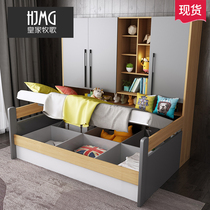 Nordic childrens bed for boys Tatami space-saving wardrobe bed One-piece combination bed Small apartment with high box bookshelf bed