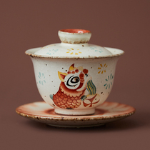 Sketch Jingdezhen rough pottery hand-painted three-cai Gaiwan Single non-hot hand Lion tea tea set Tea set