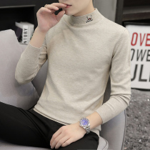 Half turtleneck sweater men winter slim trend long sleeve knitted base shirt embroidered top youth middle collar thread coat