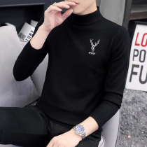 Winter mens Korean semi-turtleneck sweater trend personality base knitting warm middle collar dress embroidery mens clothing
