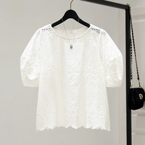 2021 summer new hollow lace embroidery short-sleeved T-shirt womens Korean version bubble sleeve wild casual top T-shirt