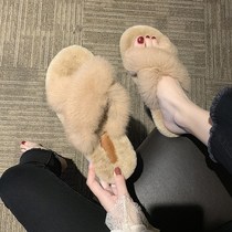 Hong Kong 21 autumn and winter fur slippers women wear Net red thick bottom non-slip home room with cross-word drag cotton slippers