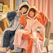 Coral velvet bathrobe pajamas womens autumn and winter long cute couple robe set thick flannel mens home clothes