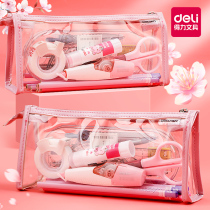 Deli transparent pen bag Large capacity female simple middle school students high Yan value high school students Japanese cherry blossom bag stationery box Korean ins tide girl exam students with triangle makeup bag
