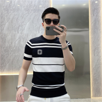 Summer trend European knitted T-shirt mens fashion personality stripe wild slim ice silk short sleeve elastic comfortable thin T