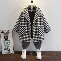 Boy thick coat small children autumn and winter Nizi coat boy Plaid long windbreaker children Korean tide