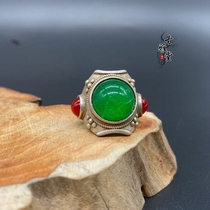 Minority small silver decoration bronze-white silver red emerald ring inlaid green emerald opening ring to finger retro ring
