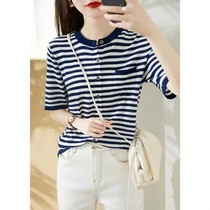 Foreign trade export tail single big cut label womens clothing store counter withdrawal cabinet Striped short-sleeved sweater single-breasted t-shirt