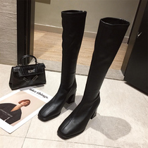 WUXIE European and American hot girl style black simple thick heel boots female simple back zipper Joker slim boots