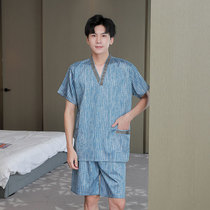 Sweat Transpiration Massage Clothes Cotton Linen Mens Home Country Style Sunday Style Bathrobe With Loose Bath Clothes Short Sleeve Shorts