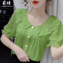 Summer short-sleeved chiffon shirt Womens 2021 new fashion temperament chic very fairy lace thin top