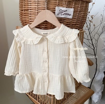 Springkids Korean childrens clothing Childrens baby big lapel breathable shirt Cute autumn long-sleeved top girls