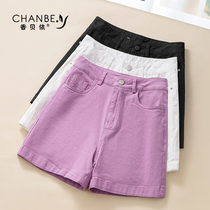 Washed cotton denim shorts womens summer thin purple three-point pants 2021 new loose straight cotton hot pants