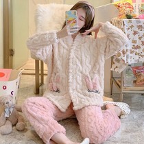 Flannel pajamas female winter thickened plus velvet warm Princess female student coral velvet home clothing set women