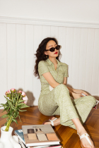 TOP home lazy fashion suit natural environmental protection high-quality Xinjiang cotton Lyocell short-sleeved top flared pants for women